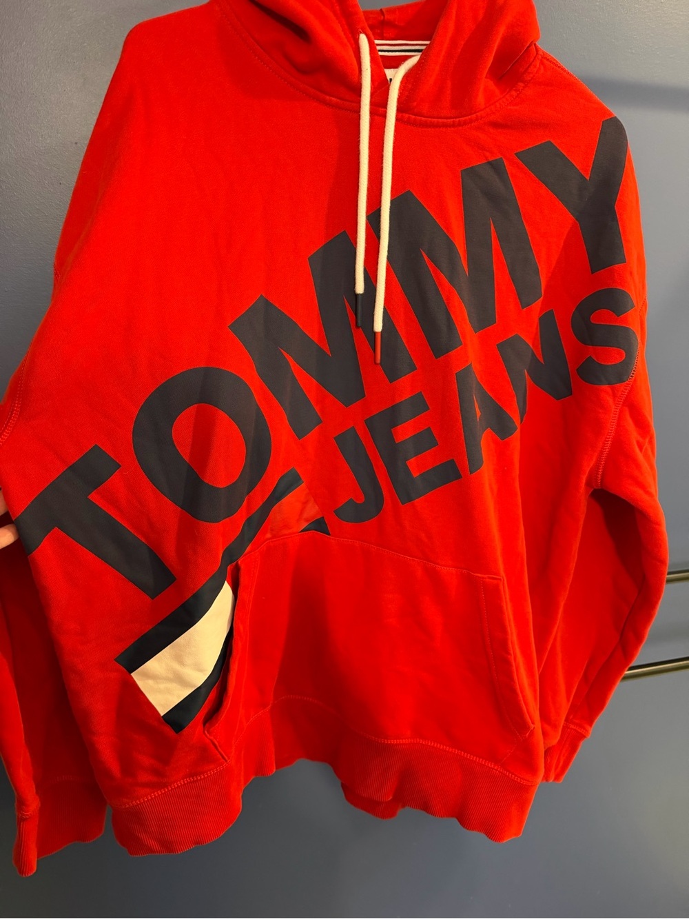 Tommy Hilfiger Men's Red Hoodie with Bold Navy Logo